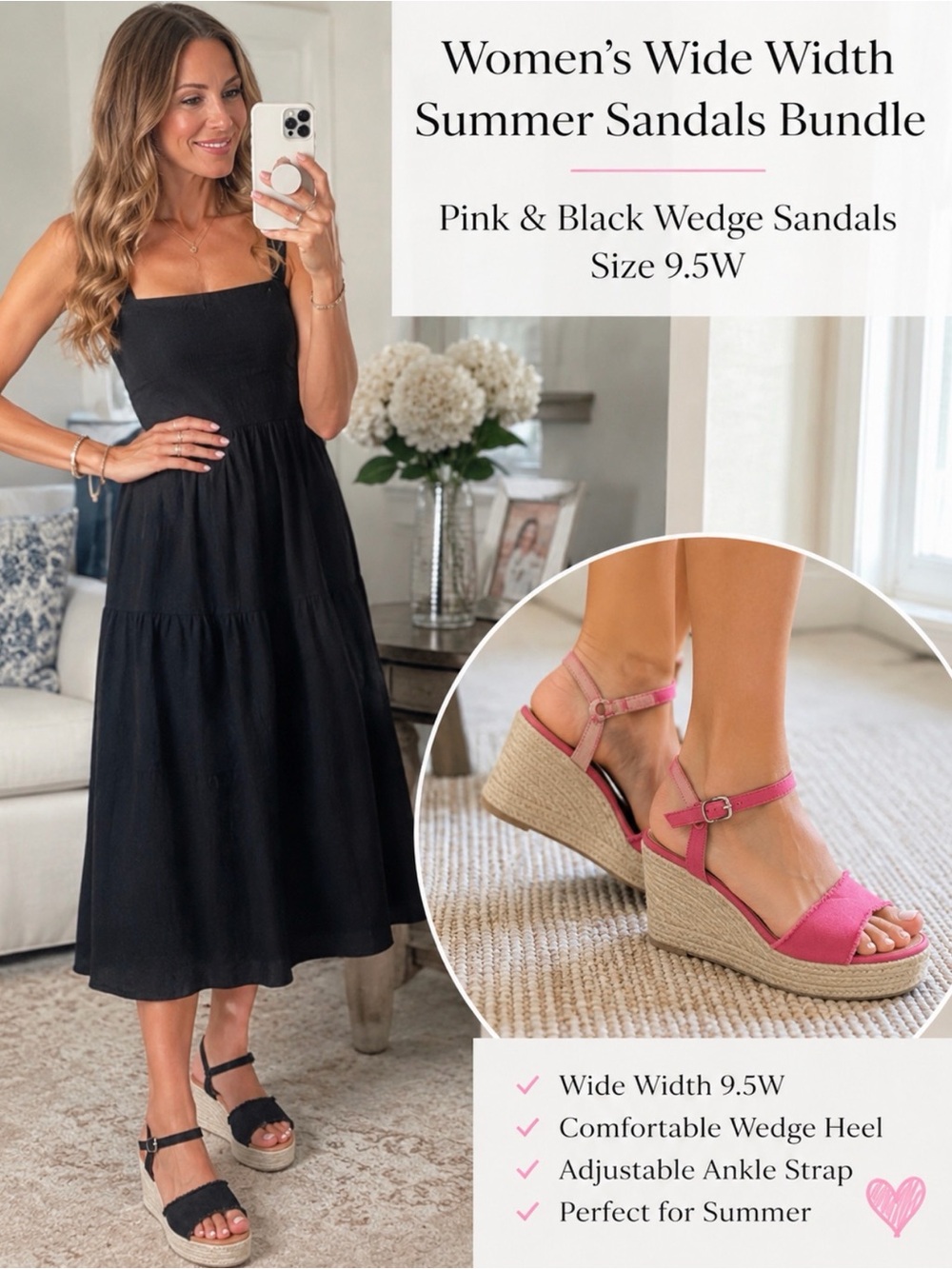 Women’s wide width summer sandals bundle. Pink and Black wedge sandals 9.5W